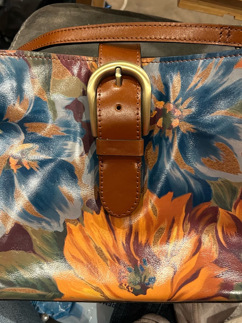 Floral Leather Tote with Brown Strap - Blue & Orange